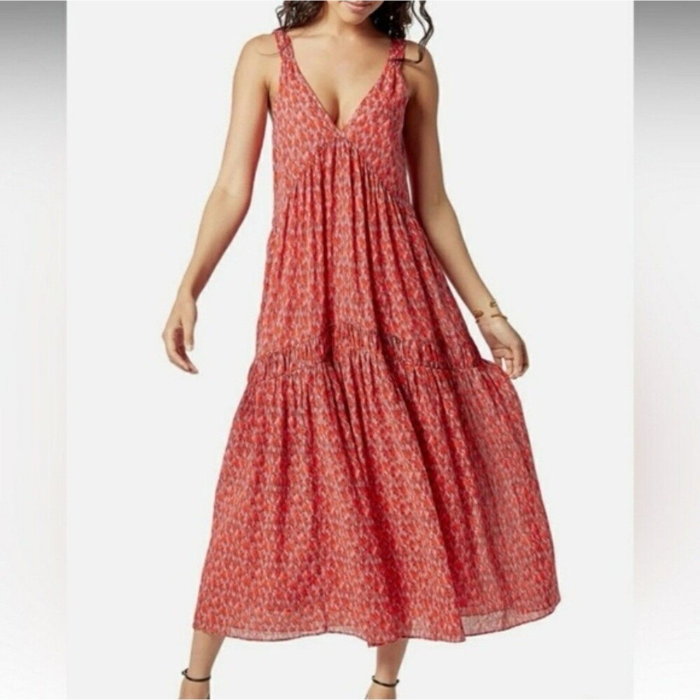 Joie Bondi Maxi Dress Medium Coral Red Print V Neck Sleeveless Tiered Cotton